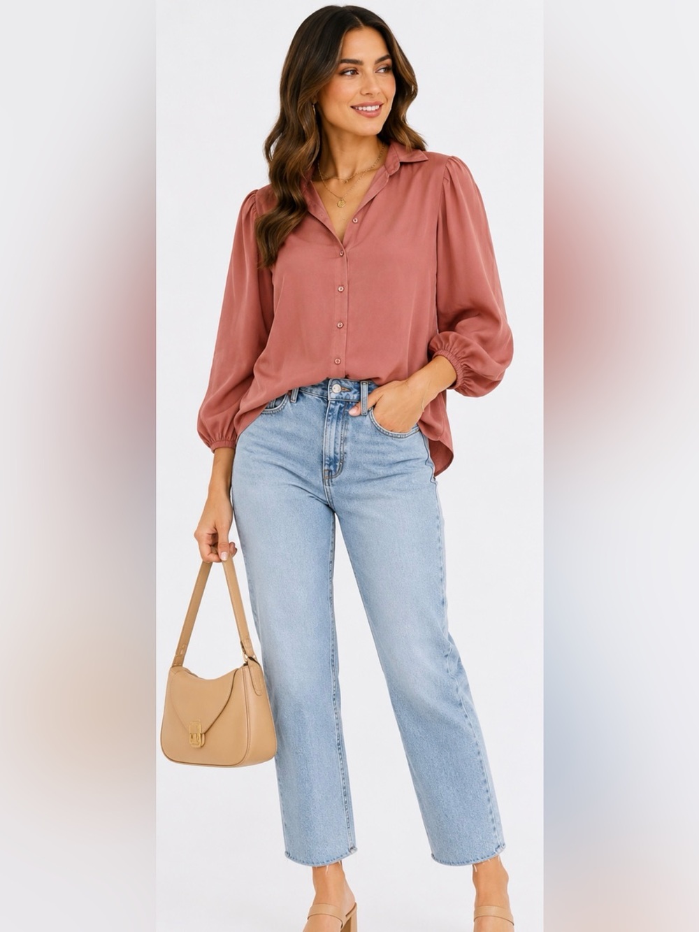 455 ASOS Dusty Rose Puff Sleeve Button Front Blouse 8 Romantic Cottagecore Boho